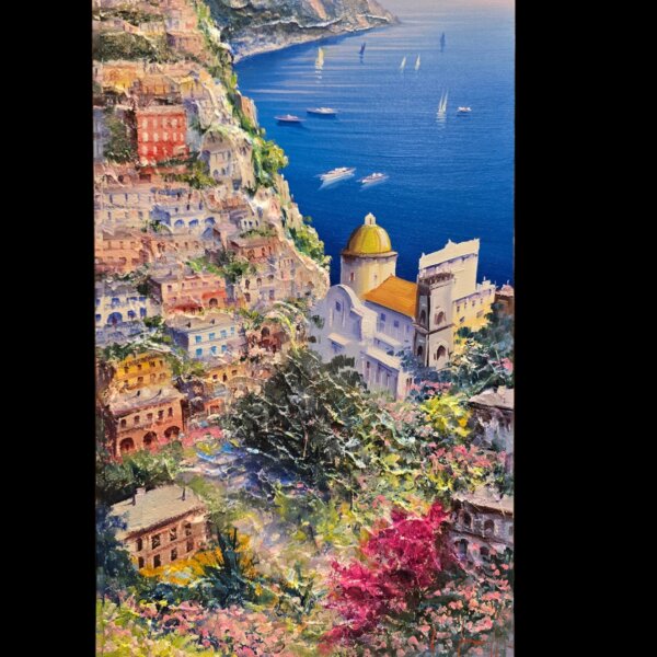 Dettaglio in primo piano del dipinto di Giuseppe Iannicella con la cupola di Positano e le bouganville fiorite.