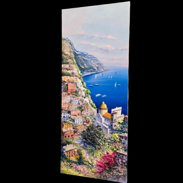 Vista angolare da destra della tela verticale 40x100 cm raffigurante la Costiera Amalfitana di Giuseppe Iannicella.