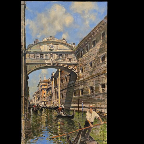 Vista frontale completa del dipinto napoletano Mario Irace raffigurante il Ponte dei Sospiri a Venezia ad olio su tela.