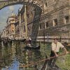 Dettaglio in primo piano della pittura a olio di Mario Irace con il gondoliere in primo piano e i riflessi dell'acqua.