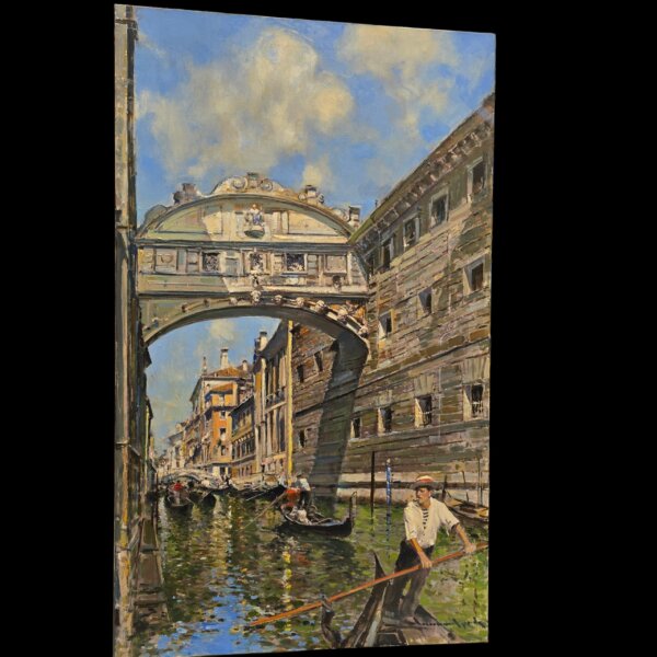 Inquadratura angolare da destra della tela verticale Ponte dei Sospiri realizzata dal pittore Mario Irace.